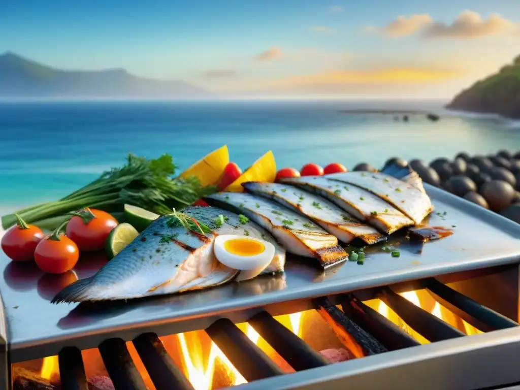 Un festín en la costa al atardecer: asado de pescado al marino entre vegetales, bañado por la luz dorada del sol