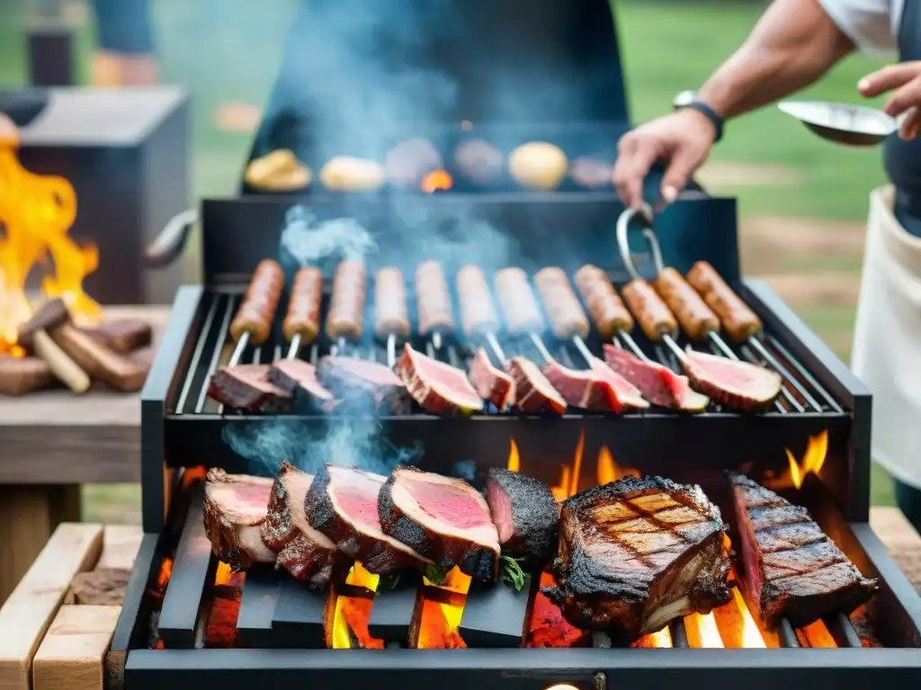 Un festín culinario: chef asando carne en parrilla uruguaya con secretos asado uruguayo festival culinario