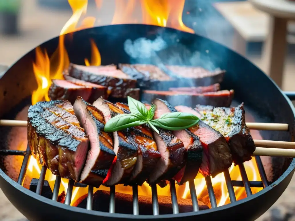 Un festín culinario con secretos del asado uruguayo: carnes jugosas, chorizos, vacío y chimichurri, entre amigos y familia en un día soleado