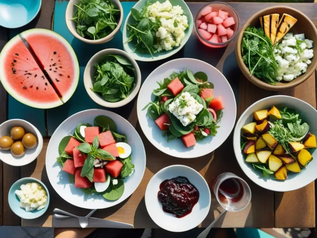 Un festín de ensaladas coloridas y platos saludables en una mesa rústica, ideal para maridajes saludables para asado uruguayo