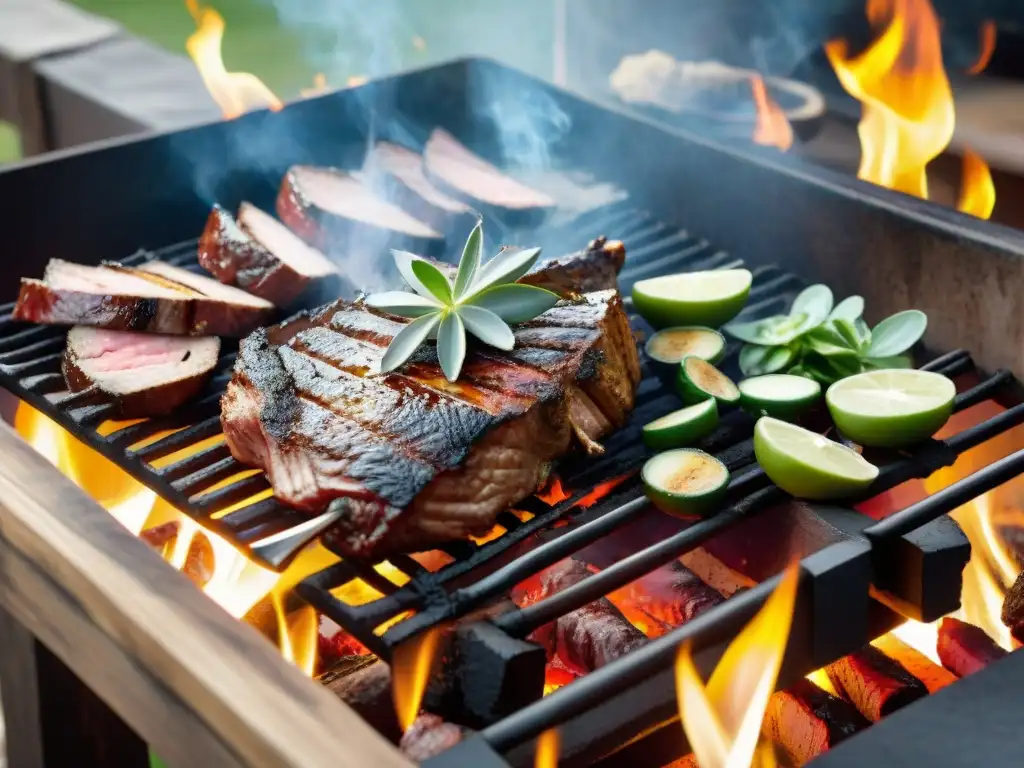 Un festín gourmet de asado uruguayo con cortes suculentos, chimichurri y vino Tannat