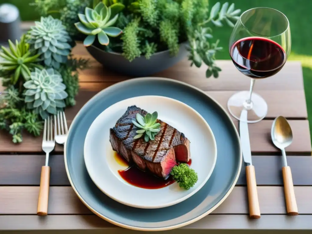 Un festín gourmet: mesa al aire libre con un exquisito filete asado y vino tinto, perfecto maridaje vinos y asados experto