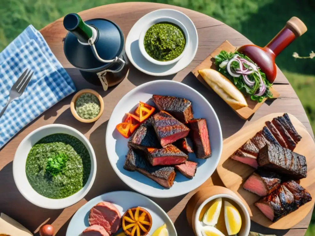 Un festín gourmet uruguayo al aire libre con asado, chimichurri, vino Tannat y paisaje campestre exuberante