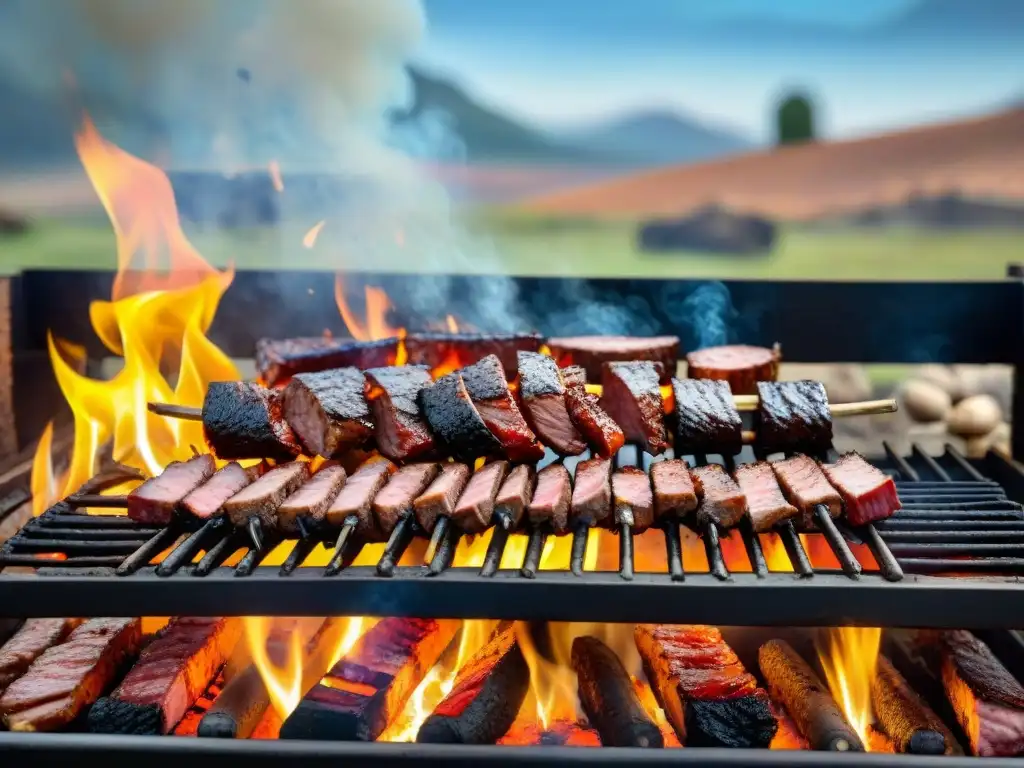 Un festín de la historia del asado uruguayo: cortes suculentos cocinándose en una parrilla tradicional, entre brasas y gauchos apasionados