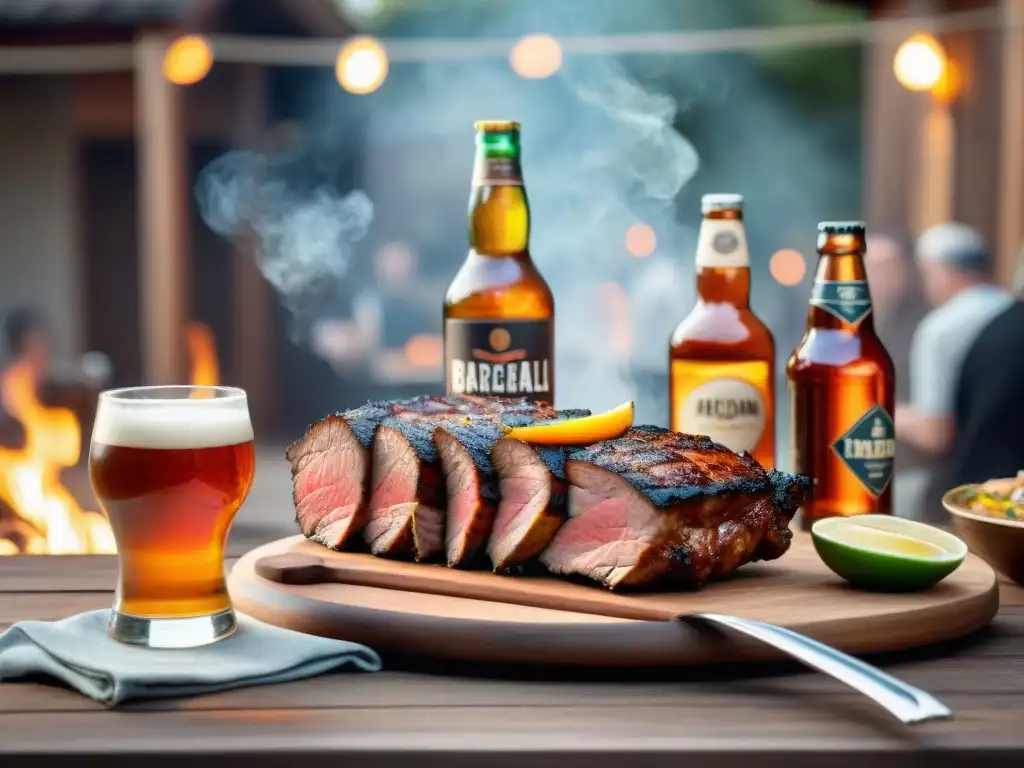 Un festín de maridaje asado uruguayo con cervezas artesanales, luces cálidas y decoración gaucha en una mesa rústica