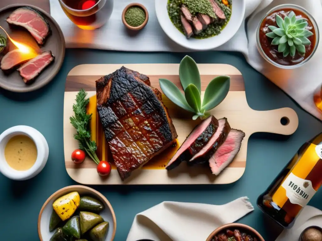 Un festín de maridaje cervezas uruguayas asado: mesa rústica con suculentas carnes a la parrilla y botellas de cerveza artesanal local