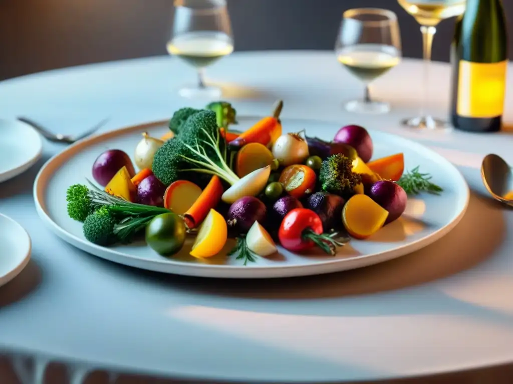 Un festín de maridaje vinos asados vegetales en mesa elegante y sofisticada