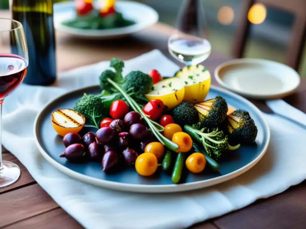 Un festín de maridaje vinos asados vegetales en mesa elegante y cálida