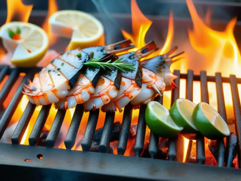 Un festín de mariscos frescos a la parrilla, con llama y humo, en un asado de pescado al marino