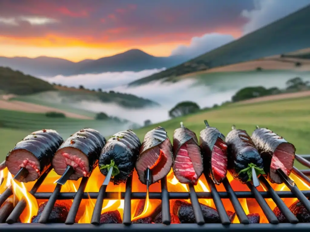 Un festín en parrilla uruguaya con cortes de carne, chorizos y morcilla