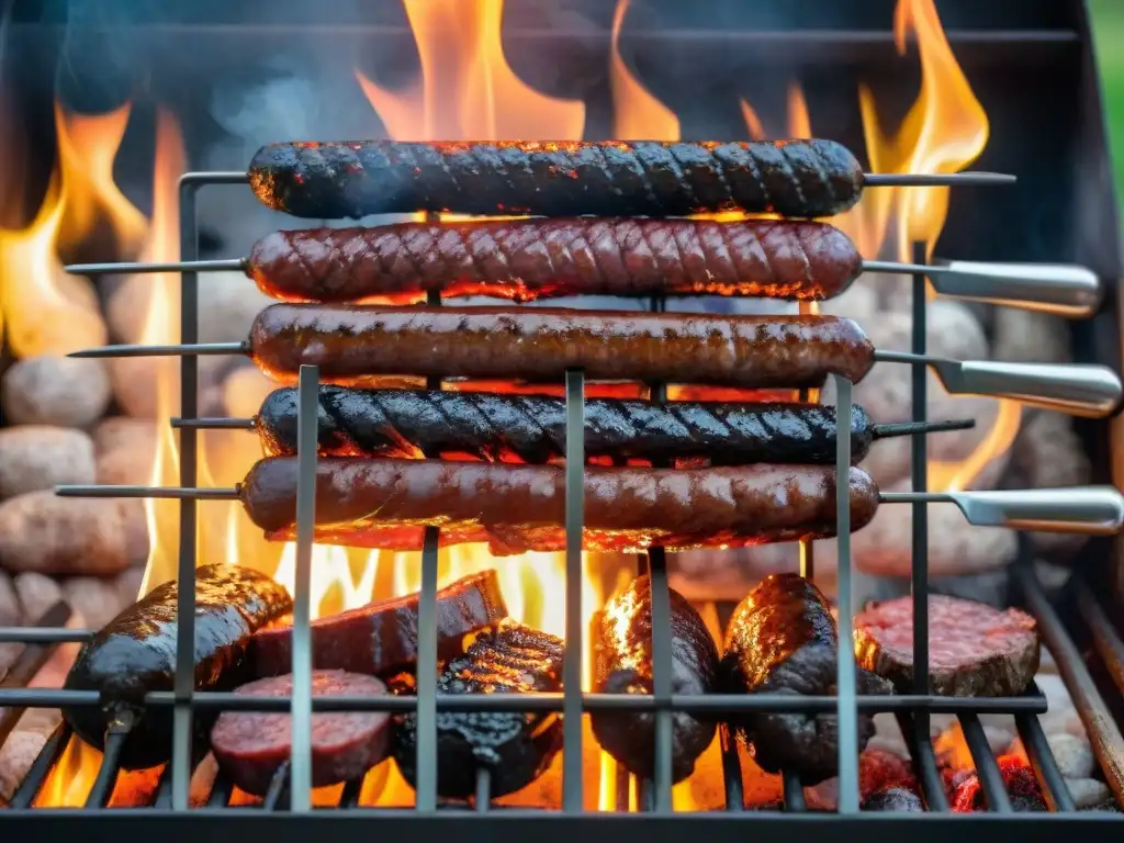 Un festín en una parrilla uruguaya con utensilios para asado, carne jugosa y fuego crepitante al atardecer