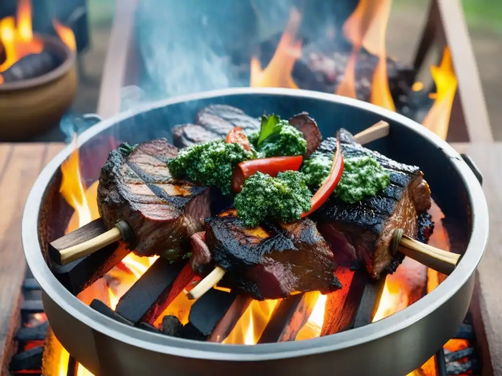 Un festín de parrillada uruguaya con maridajes innovadores en un entorno rústico al atardecer