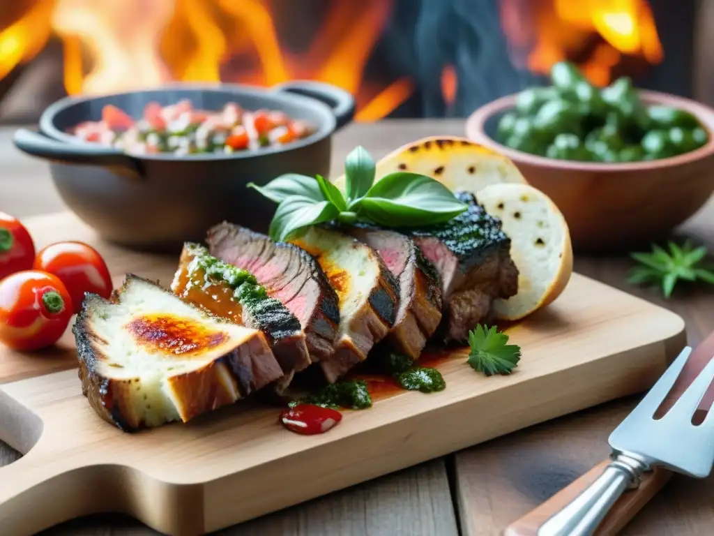 Un festín de parrillada uruguaya con Recetas salsas asado uruguayo en una mesa rústica al sol