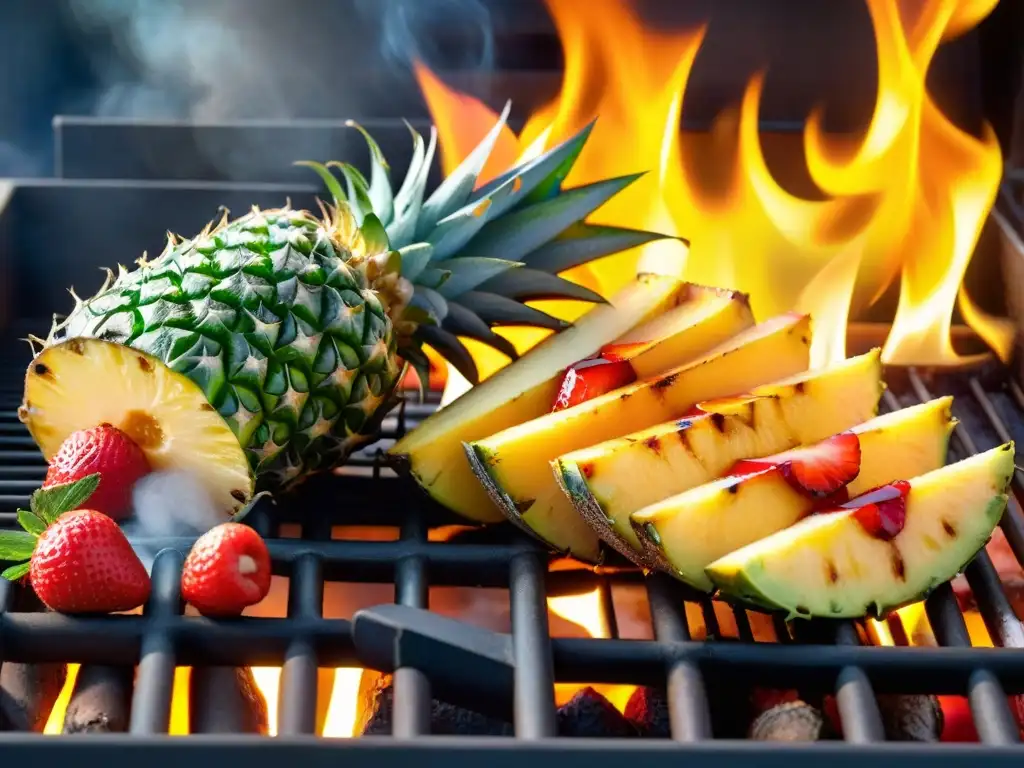 Un festín de postres asados con frutas, deleite visual con piñas, duraznos y fresas caramelizadas en la parrilla