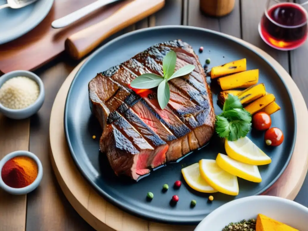 Un festín de Riñonada asado uruguayo maridaje: carne suculenta y especias coloridas en parrilla tradicional