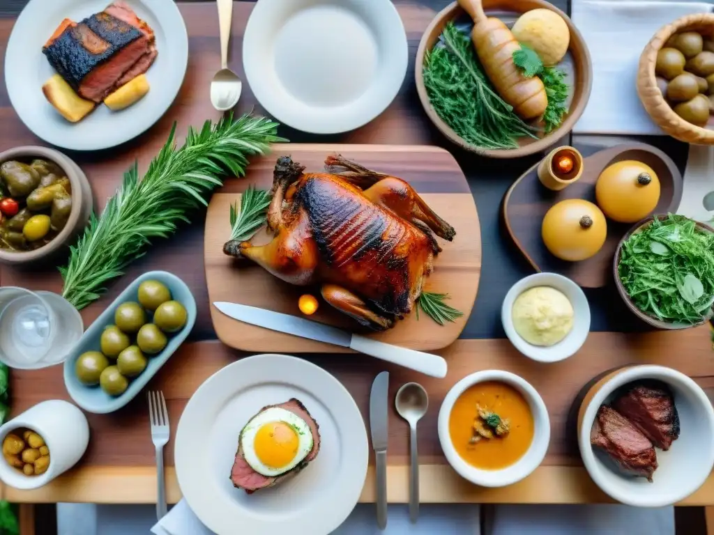 Un festín de sabores: asado uruguayo y recetas portuguesas en una mesa rústica al atardecer