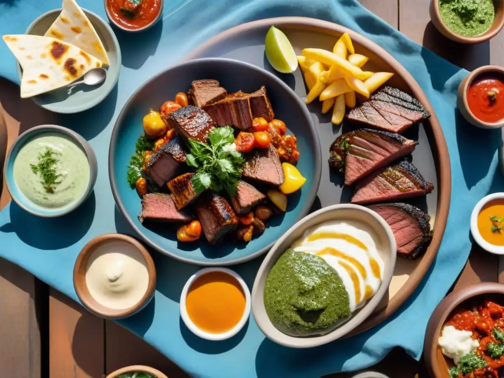 Un festín de sabores y colores del auténtico asado uruguayo: salsas y condimentos vibrantes bajo el cálido sol