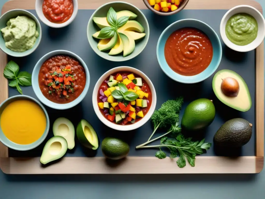 Un festín de salsas y acompañamientos para asado, colores vibrantes en una mesa rústica