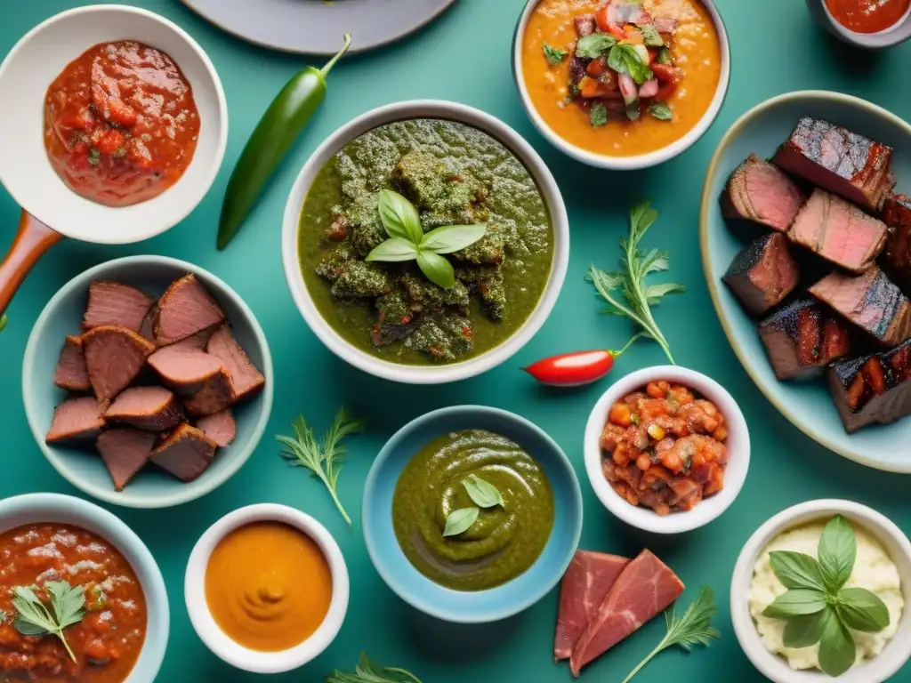 Un festín de salsas saludables para asado uruguayo rodeadas de exquisitas carnes a la parrilla, en un escenario de jardín verde y exuberante