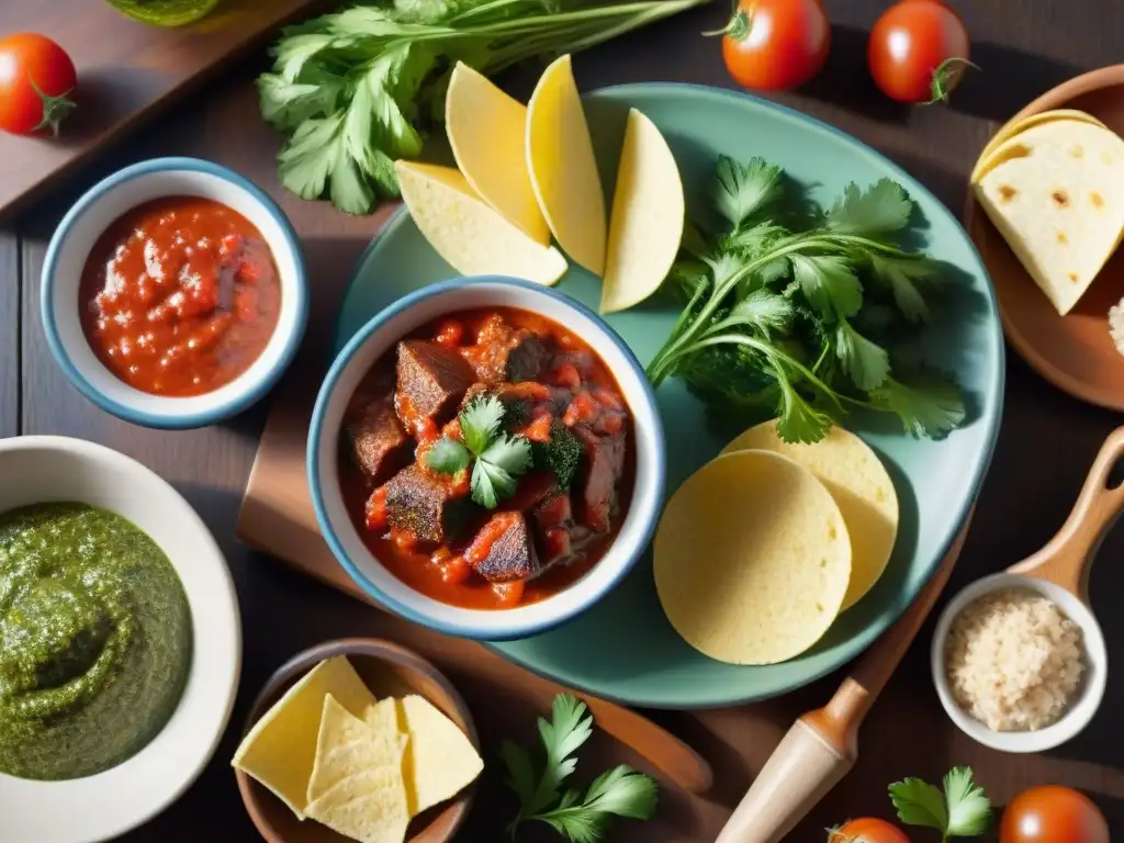 Un festín de salsas tradicionales para asado uruguayo en vibrantes colores y texturas, sobre una mesa rústica iluminada por el sol