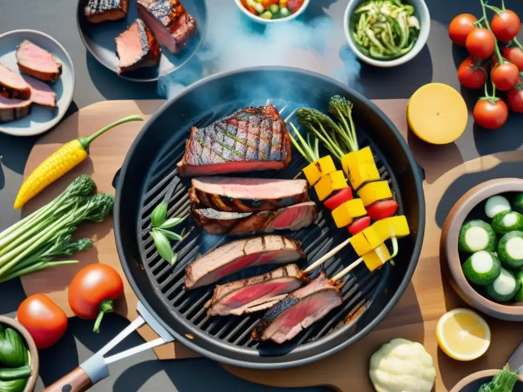 Un festín saludable al aire libre con cortes de carne asado saludable y vegetales coloridos en una parrillada vibrante