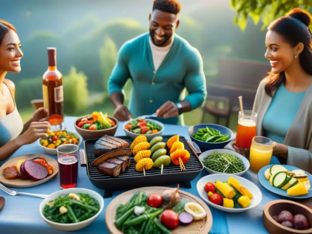 Un festín saludable de asado al atardecer con amigos diversos disfrutando, sin afectar la salud