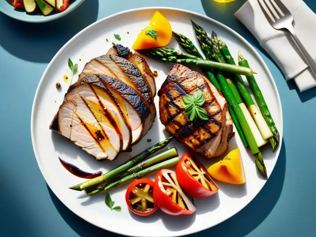 Un festín saludable asado en una parrilla al aire libre, con carnes magras y vegetales caramelizados