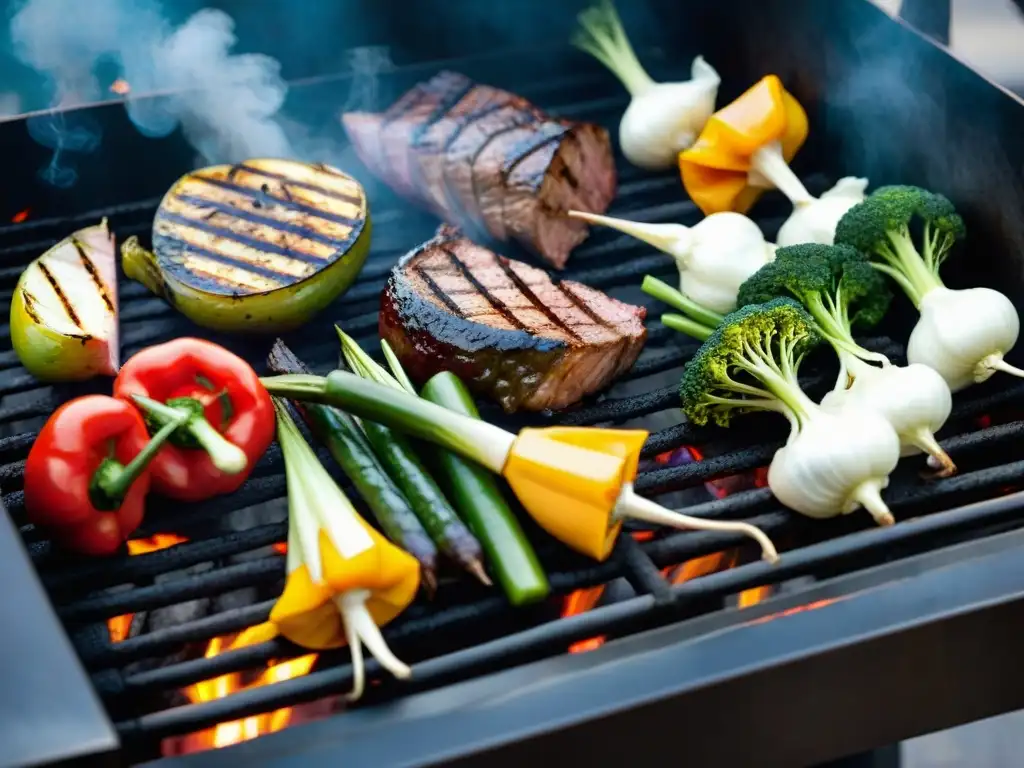 Un festín saludable con asados: vegetales y carnes a la parrilla, colores vibrantes y humeante aroma