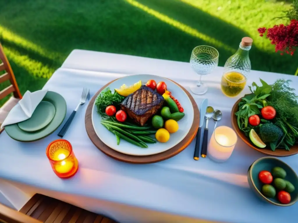 Un festín saludable y colorido en una mesa al aire libre bajo el cálido atardecer, ideal para una reunión familiar