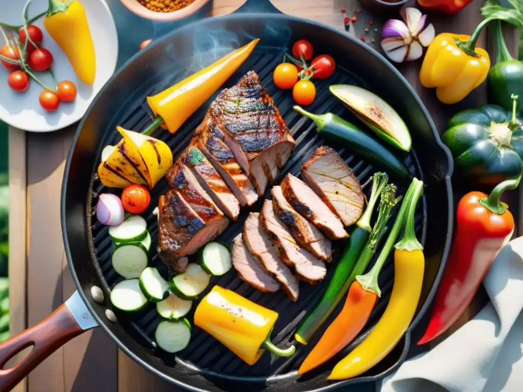 Un festín saludable de cortes bajos en grasa asados a la parrilla con verduras, en un jardín soleado