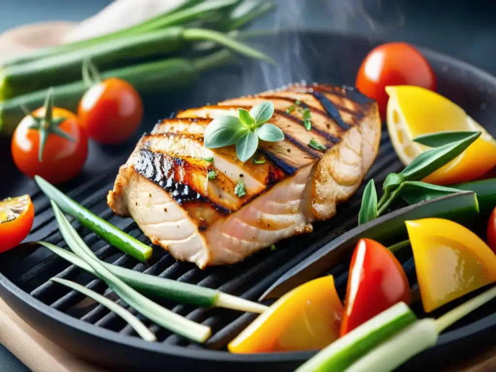 Un festín saludable con cortes de carne asado y verduras coloridas a la parrilla, sazonado con hierbas frescas y limón