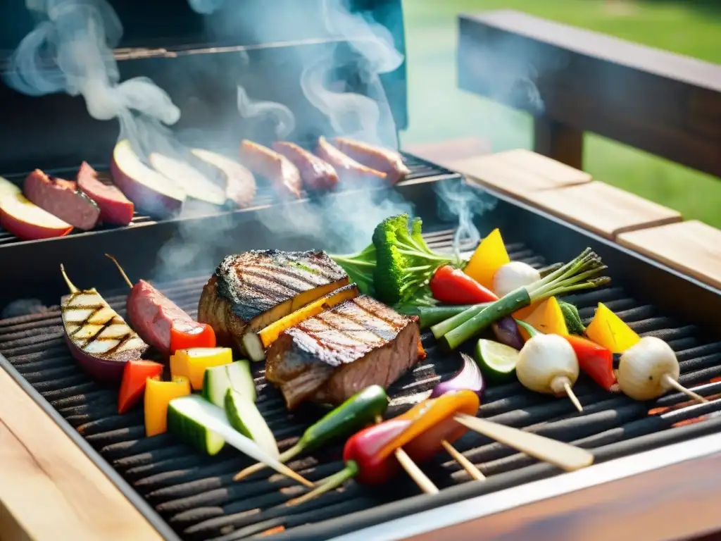 Un festín saludable y sabroso en la parrilla: verduras y carnes magras con marcas de parrilla, humeantes en un patio soleado