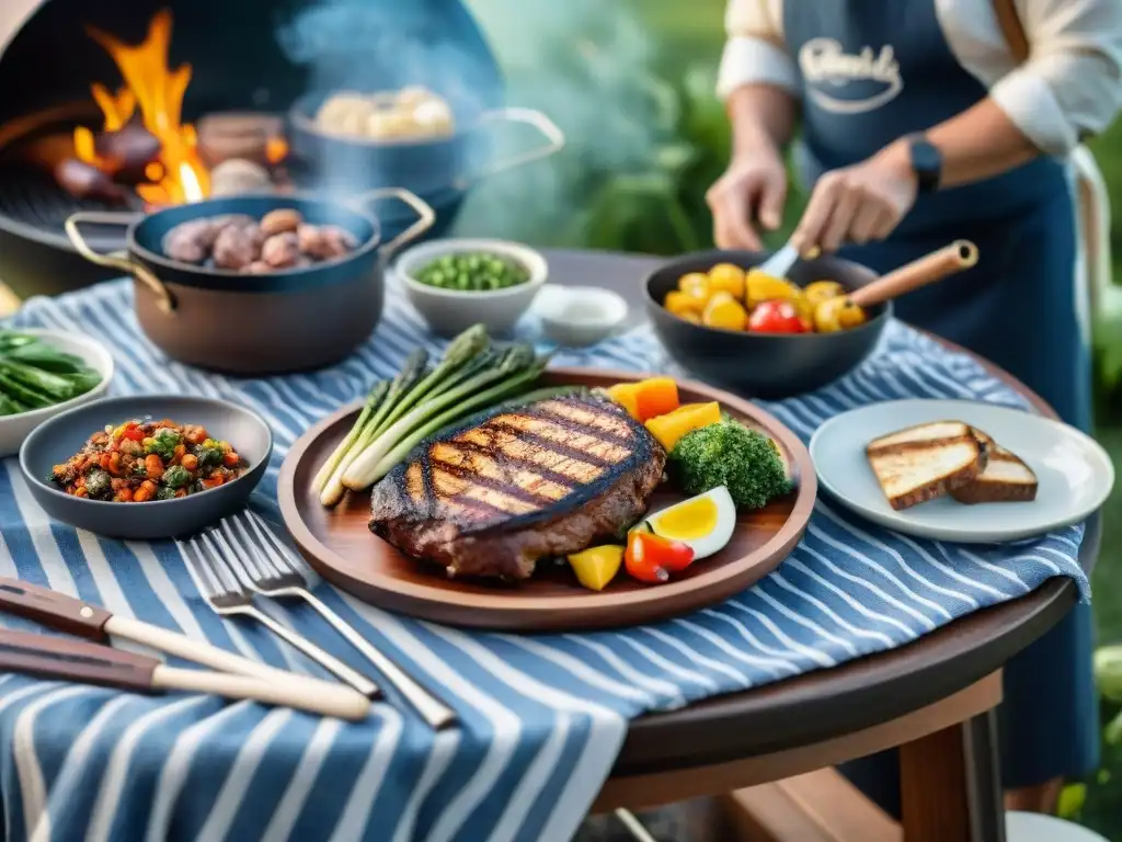 Un festín sostenible con sabor perfecto: mesa de asado al aire libre con ingredientes locales y decoración natural