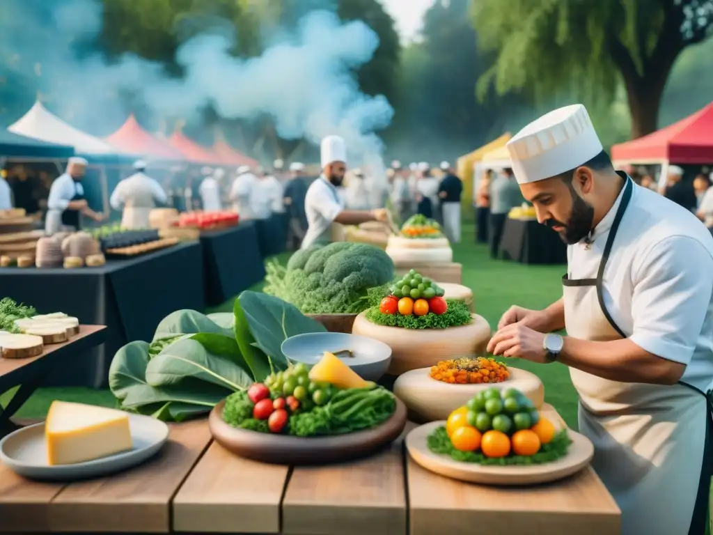 Un festín sostenible en un vibrante festival gastronómico al aire libre, con productos frescos y chefs preparando delicias en llamas