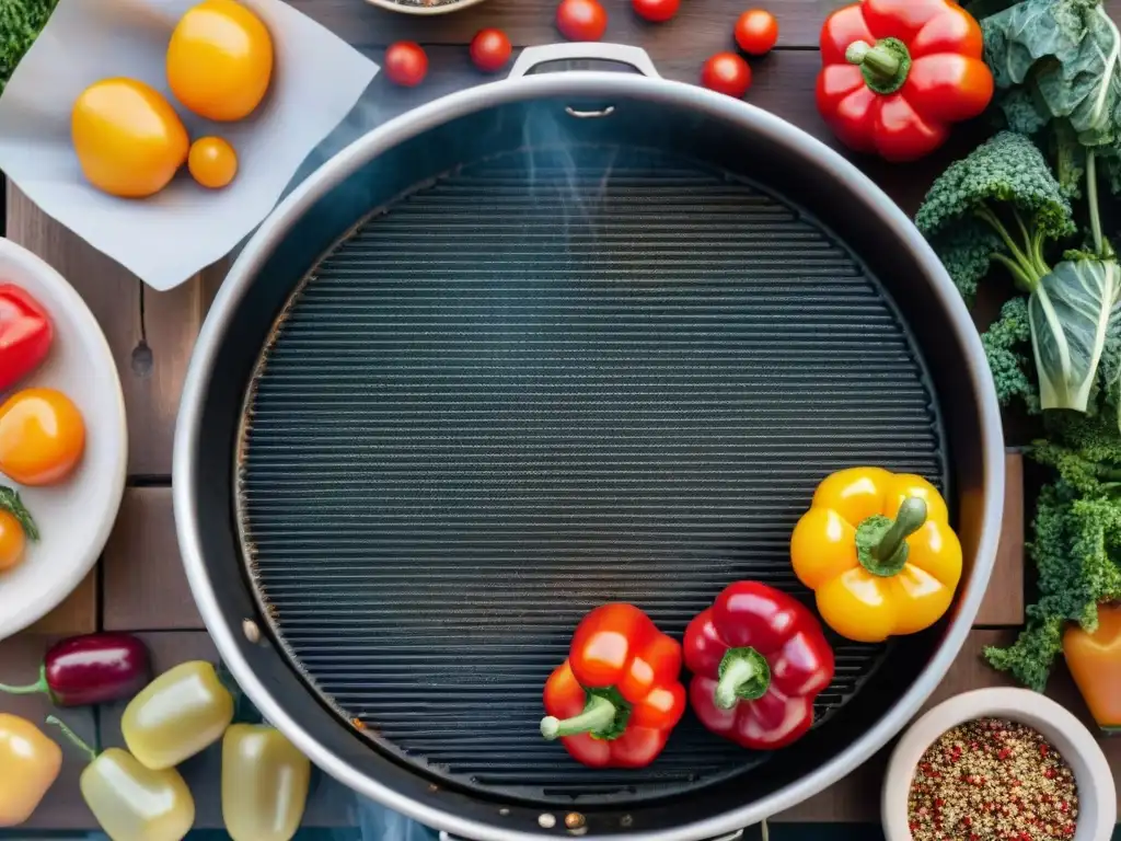 Un festín de superalimentos para asado en una parrilla vibrante rodeada de amigos y familiares en un día soleado