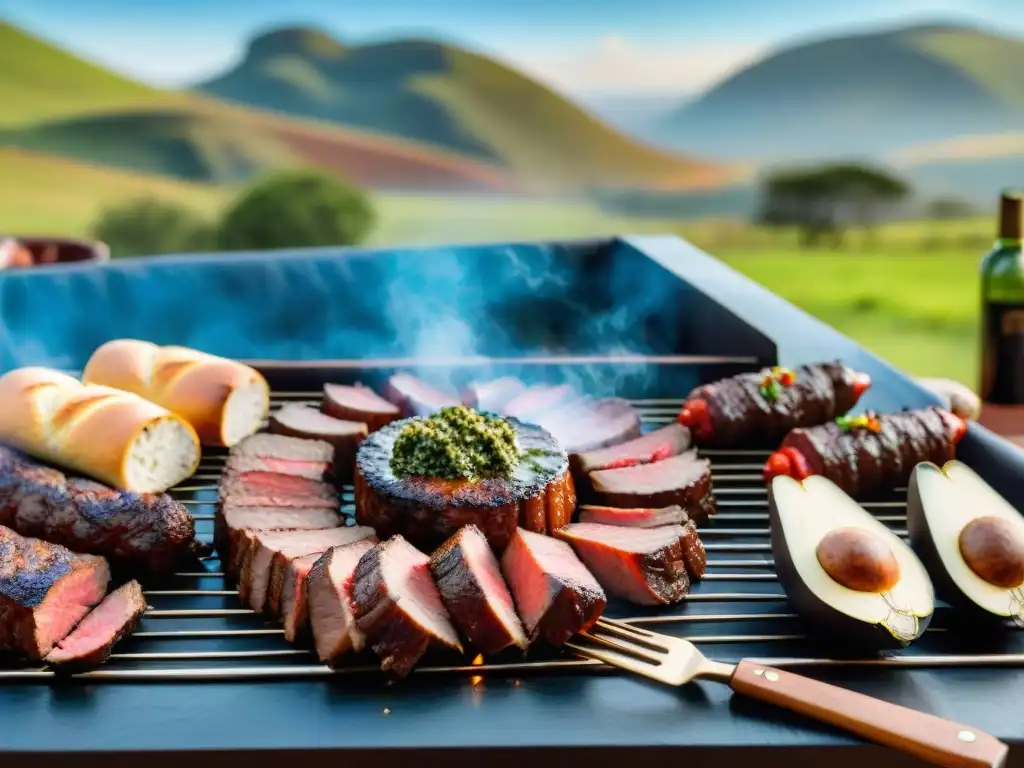 Un festín tradicional del asado uruguayo: amigos y familia disfrutan de carnes a la parrilla con chimichurri y vino Tannat en el campo