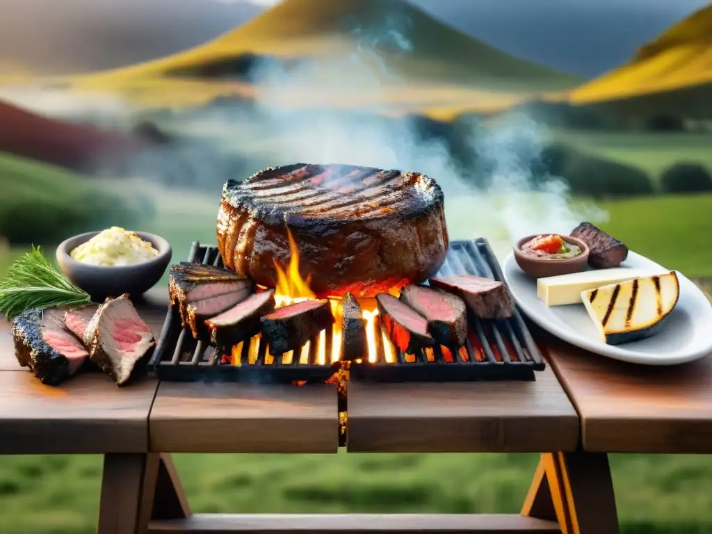 Un festín tradicional del asado uruguayo en una mesa de madera rústica al aire libre, rodeada de platos típicos