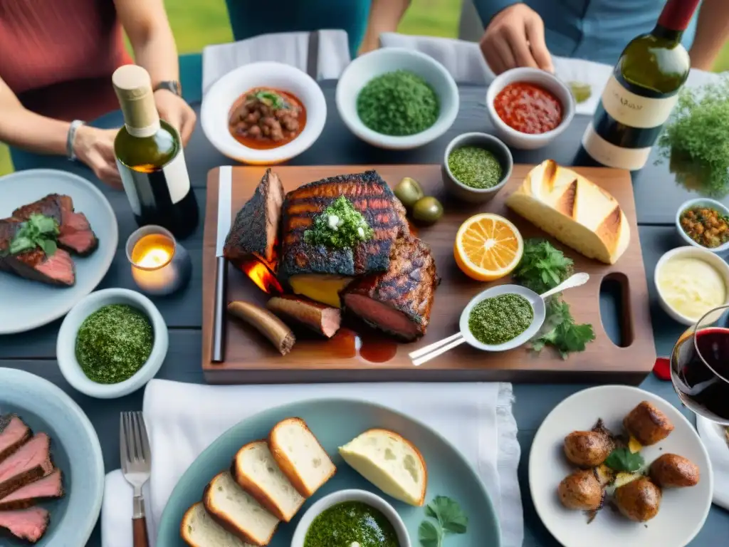 Un festín tradicional del asado uruguayo en el campo con amigos y familiares sonrientes, disfrutando de la comida y el vino al atardecer