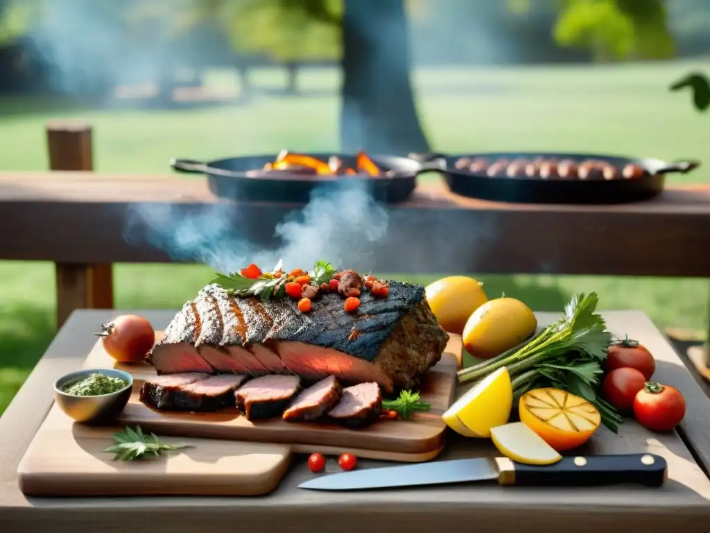 Un festín tradicional de asado uruguayo bajo un árbol, con cortes de carne a la parrilla, chimichurri y vegetales asados