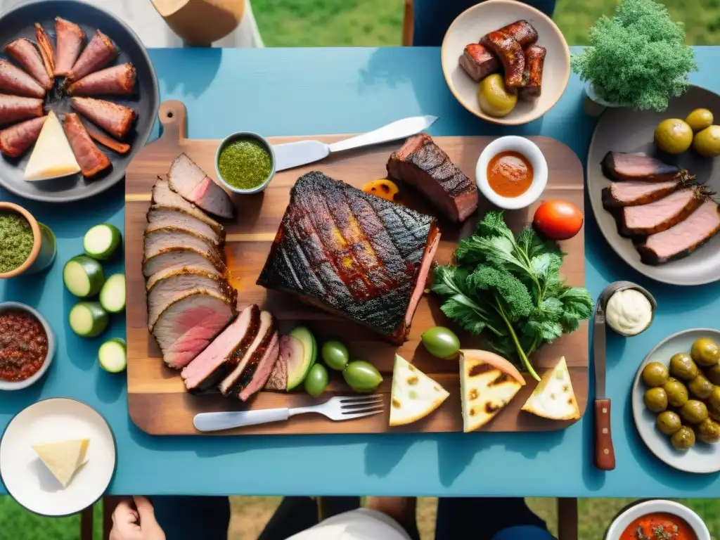 Un festín tradicional de asado uruguayo al aire libre: carnes jugosas, chimichurri y vinos locales