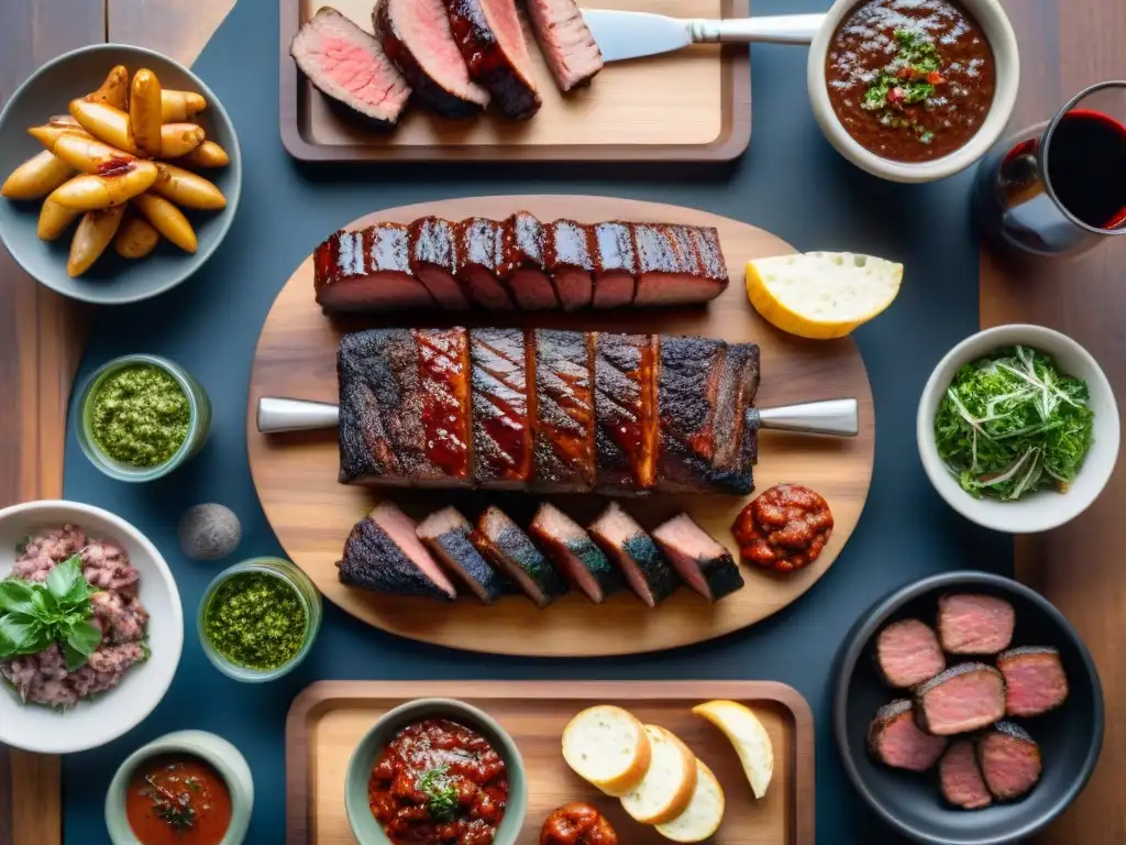 Un festín tradicional de asado uruguayo con cortes de carne a la parrilla, chimichurri y vino tinto en una mesa rústica al aire libre al atardecer