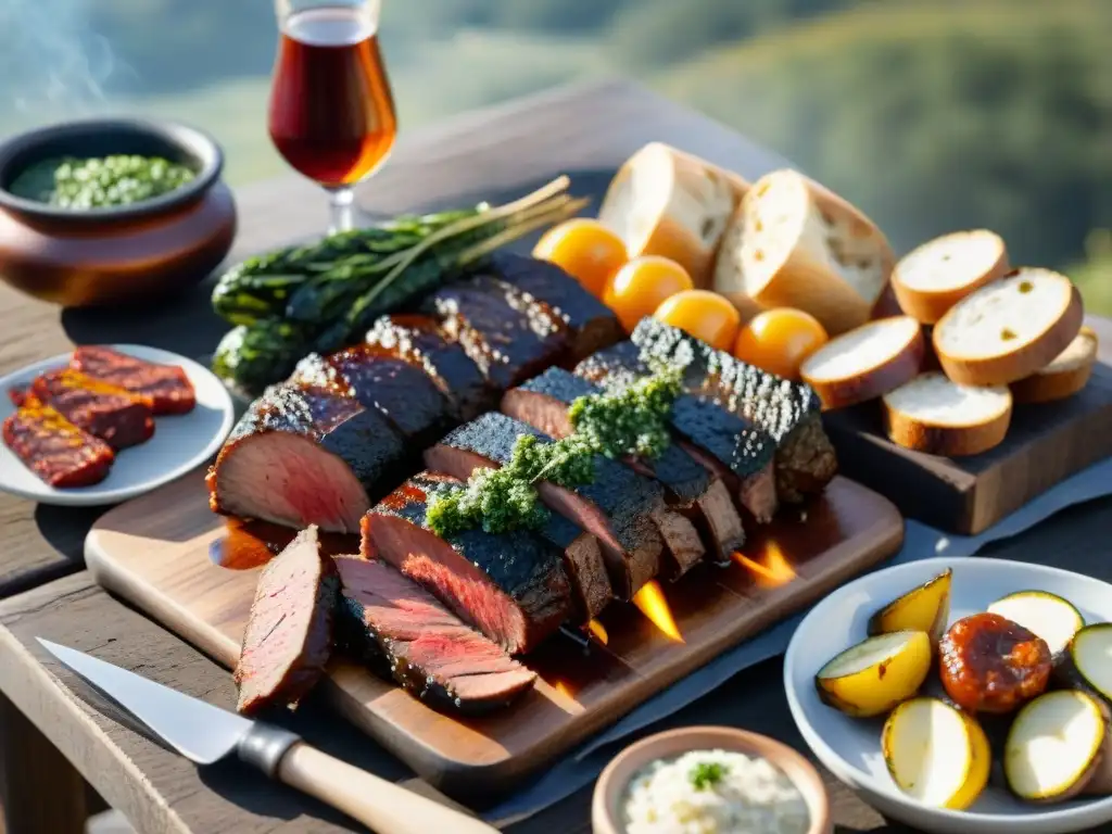 Un festín tradicional del asado uruguayo con carnes a la parrilla, chimichurri, vegetales y vino Tannat, en un entorno campestre al atardecer