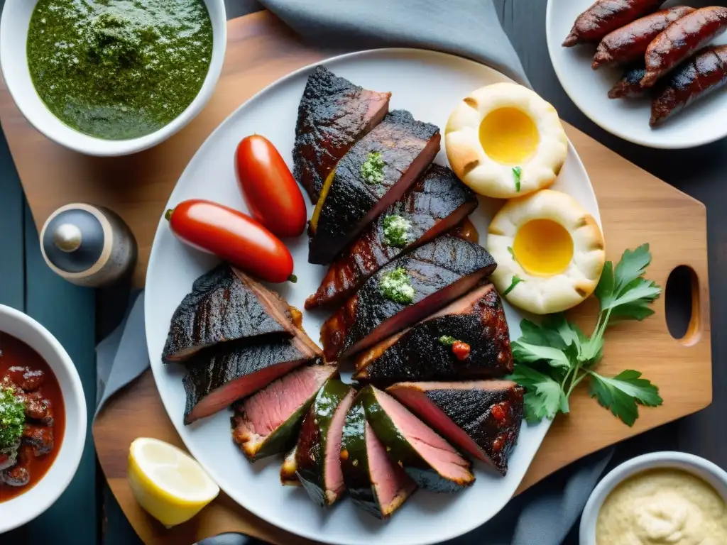 Un festín tradicional de asado uruguayo con cortes de carne, chimichurri, empanadas y vinos finos en un hermoso atardecer campestre