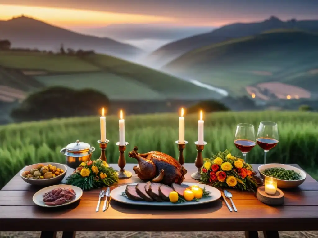 Un festín tradicional de asado uruguayo en una boda, con decoración gaucha y paisaje campestre al atardecer