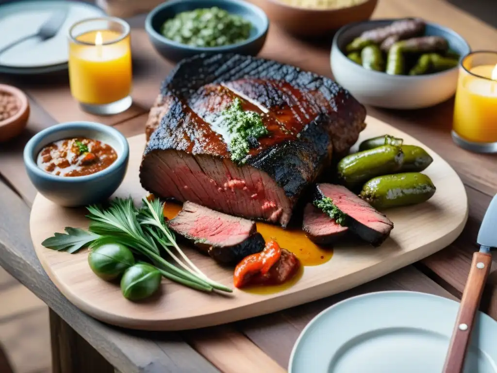 Un festín tradicional para asado uruguayo: carnes jugosas, chimichurri, verduras a la parrilla y pan crujiente en mesa rústica