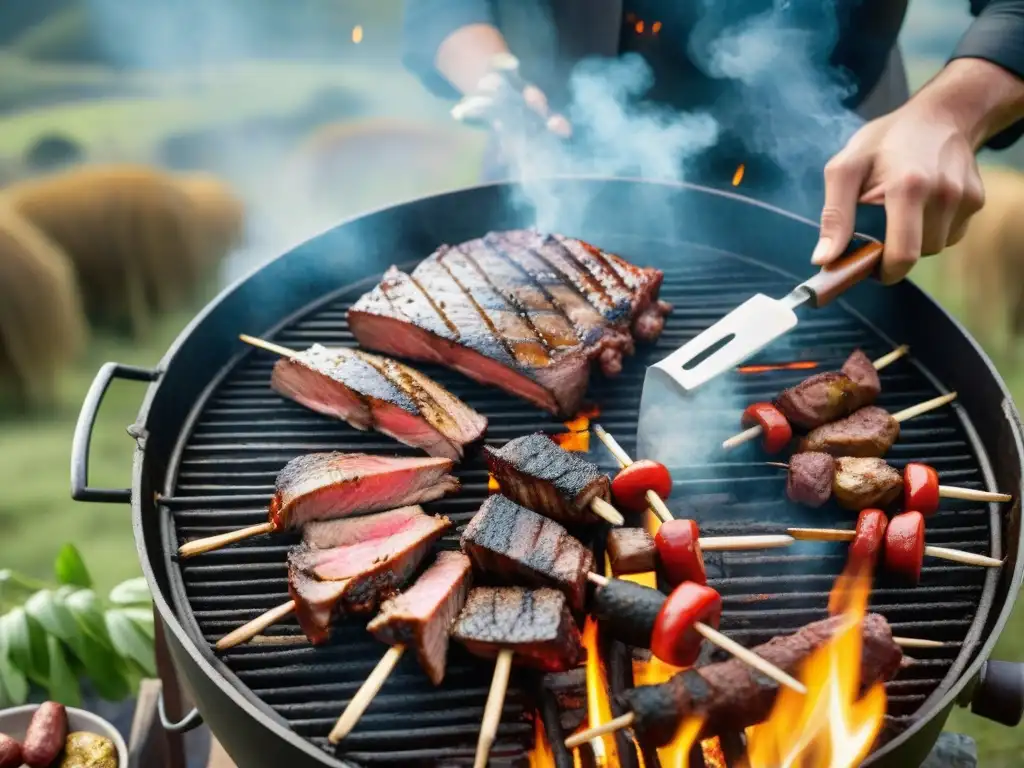 Un festín tradicional de parrilla uruguaya al atardecer con historia cortes uruguayos icónicos