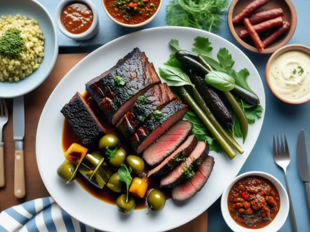 Un festín tradicional uruguayo con cortes de carne a la parrilla y acompañamientos, resaltado por la cálida luz del sol