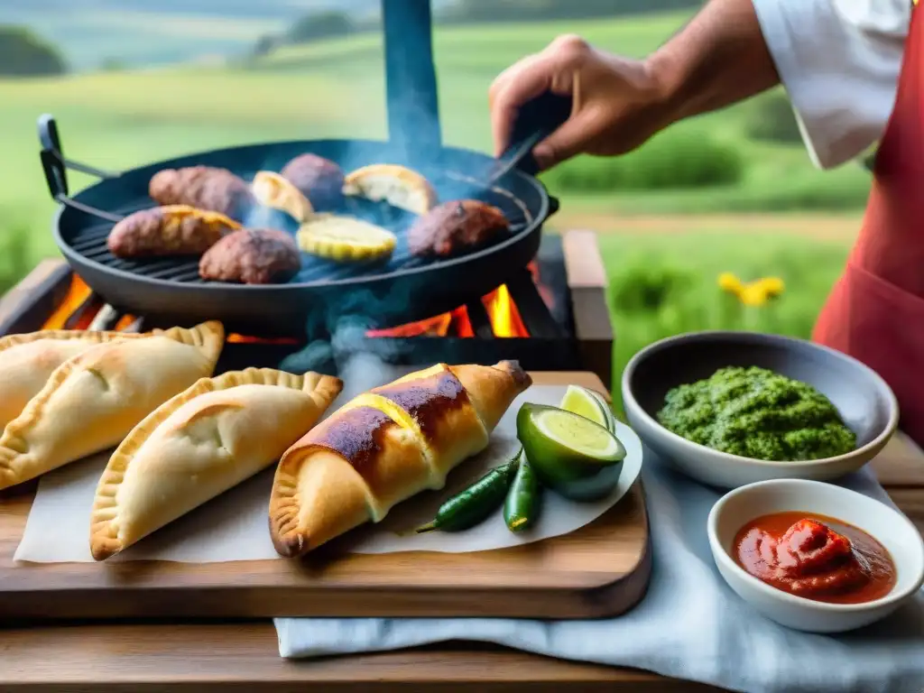 Un festín tradicional uruguayo con salsas caseras en vibrantes colores junto a amigos y familia alrededor de la parrilla