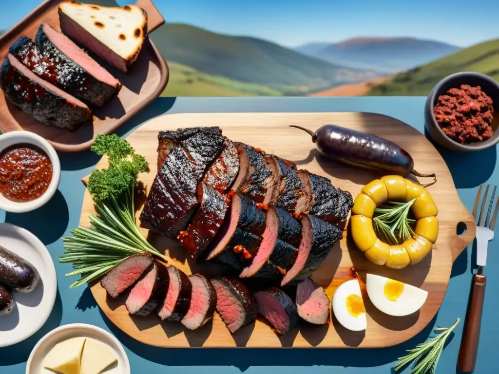 Un festín tradicional uruguayo con Secretos del asado uruguayo: cortes suculentos, chorizos, morcilla y chimichurri, en un entorno campestre