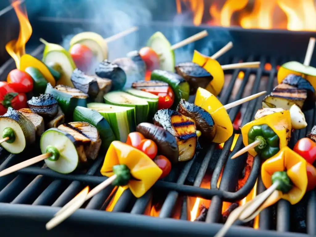 Un festín vegano colorido en la parrilla: brochetas de verduras asadas en un asado vegano en Uruguay